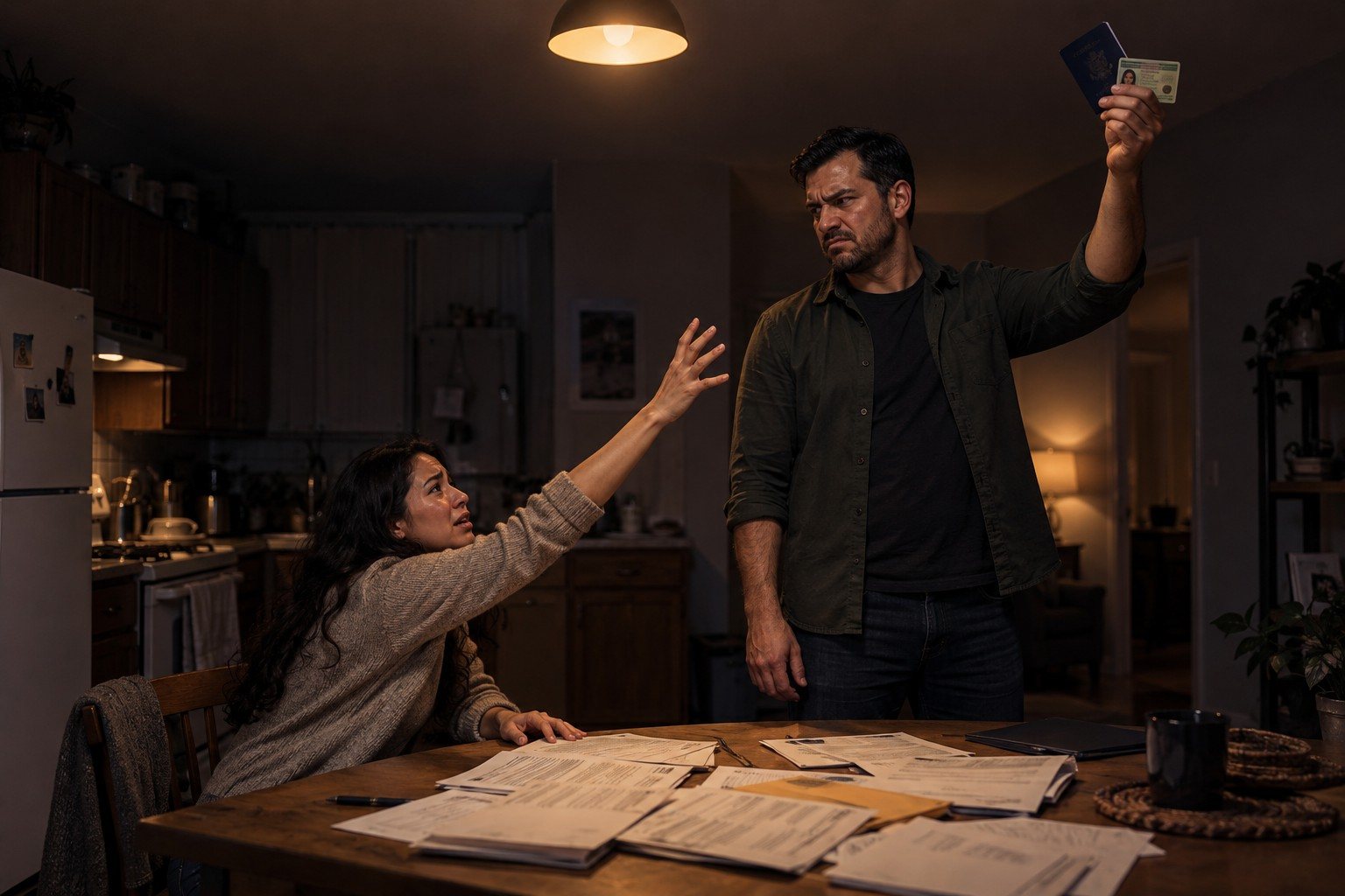 A man holds a woman's passport and green card above his head, out of her reach, at a kitchen table at night
