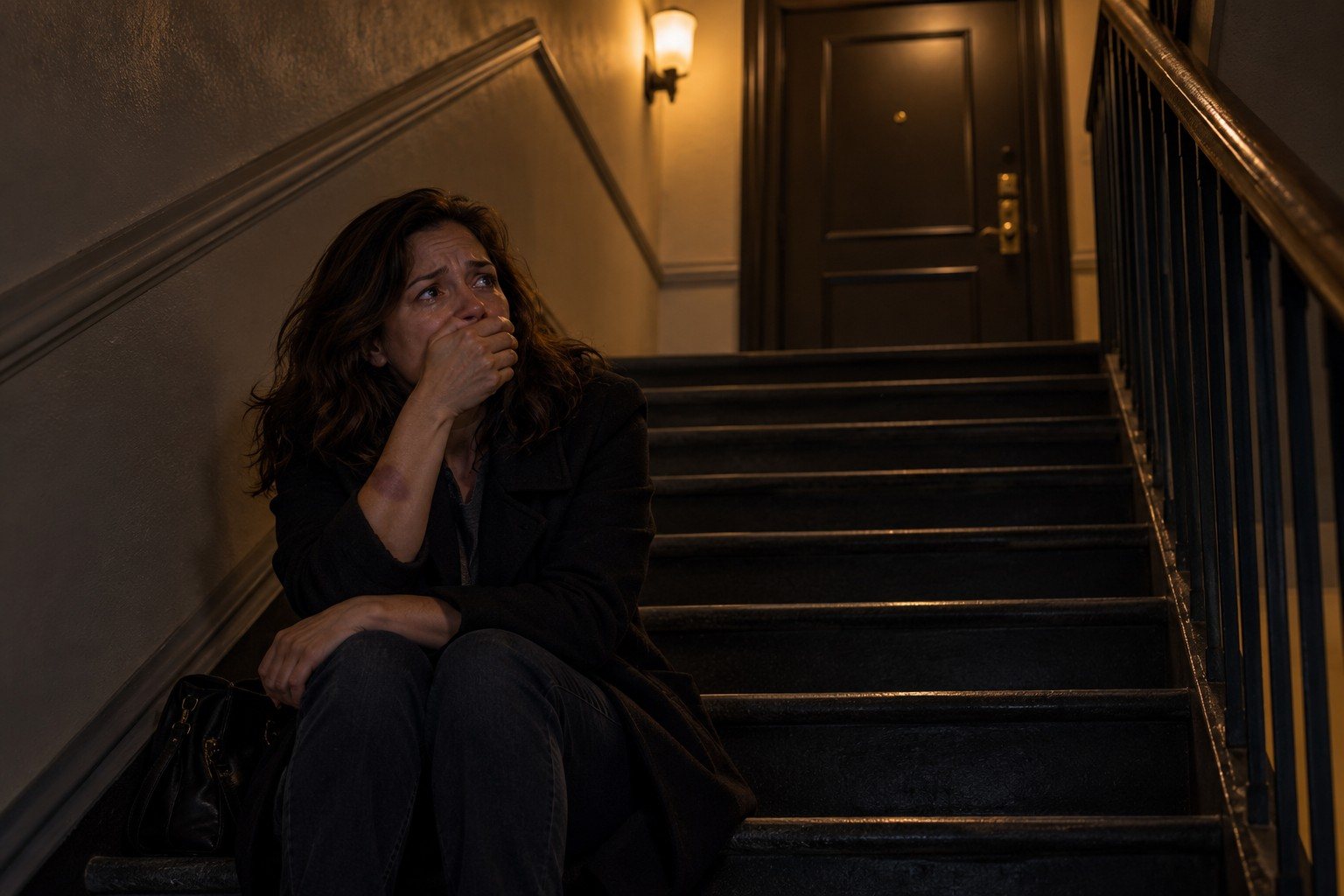 A woman sits alone on an apartment staircase at night, holding back tears, a faint bruise on her arm