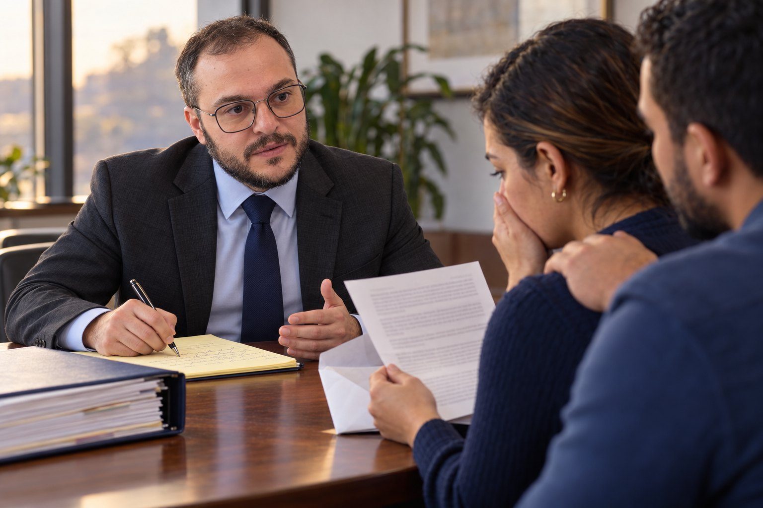 Mikhail Usher taking notes as a distressed client covers her mouth and a relative comforts her