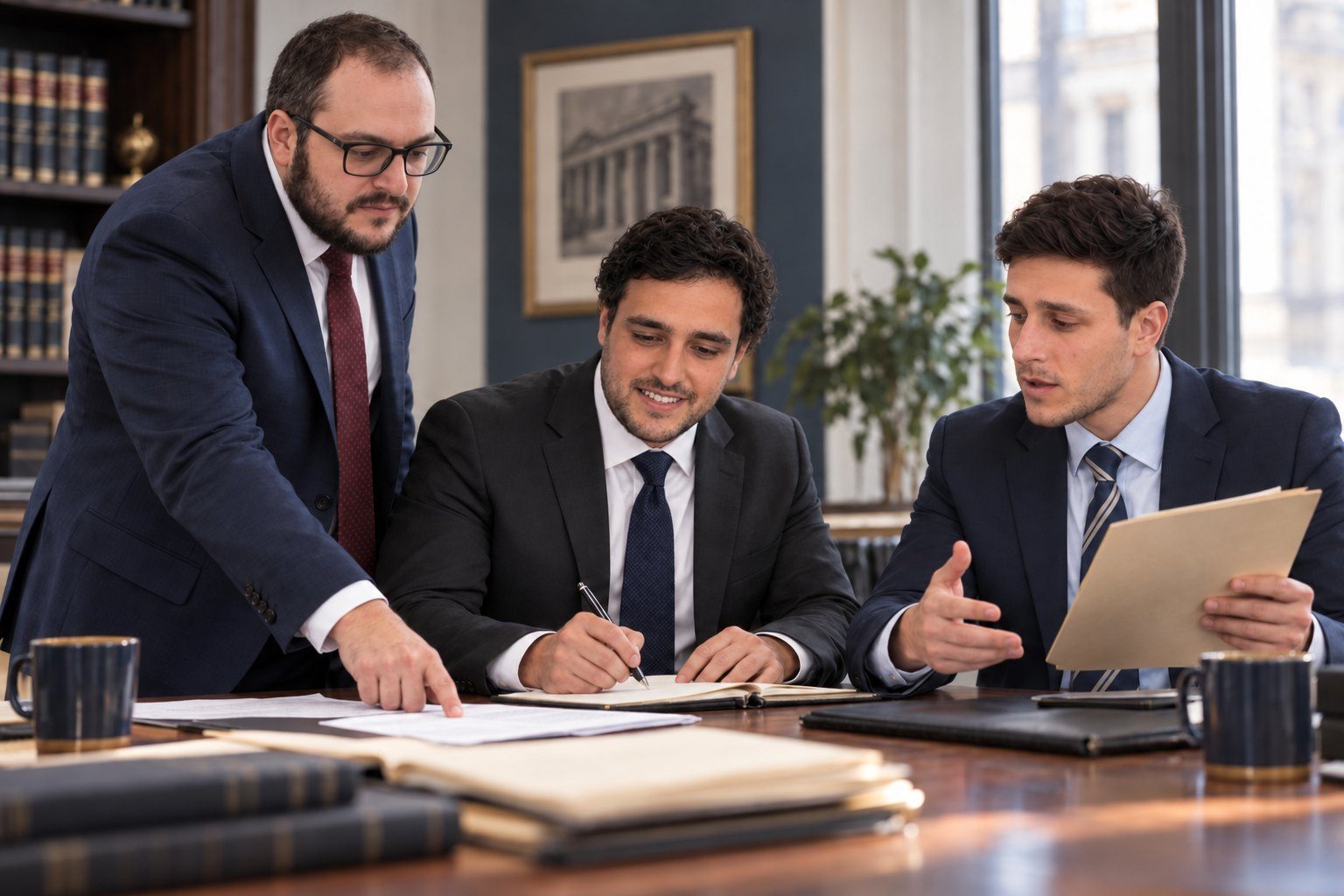 Mikhail Usher, Alexander Susi and Mitchell Bromberg working through a client file together at the office