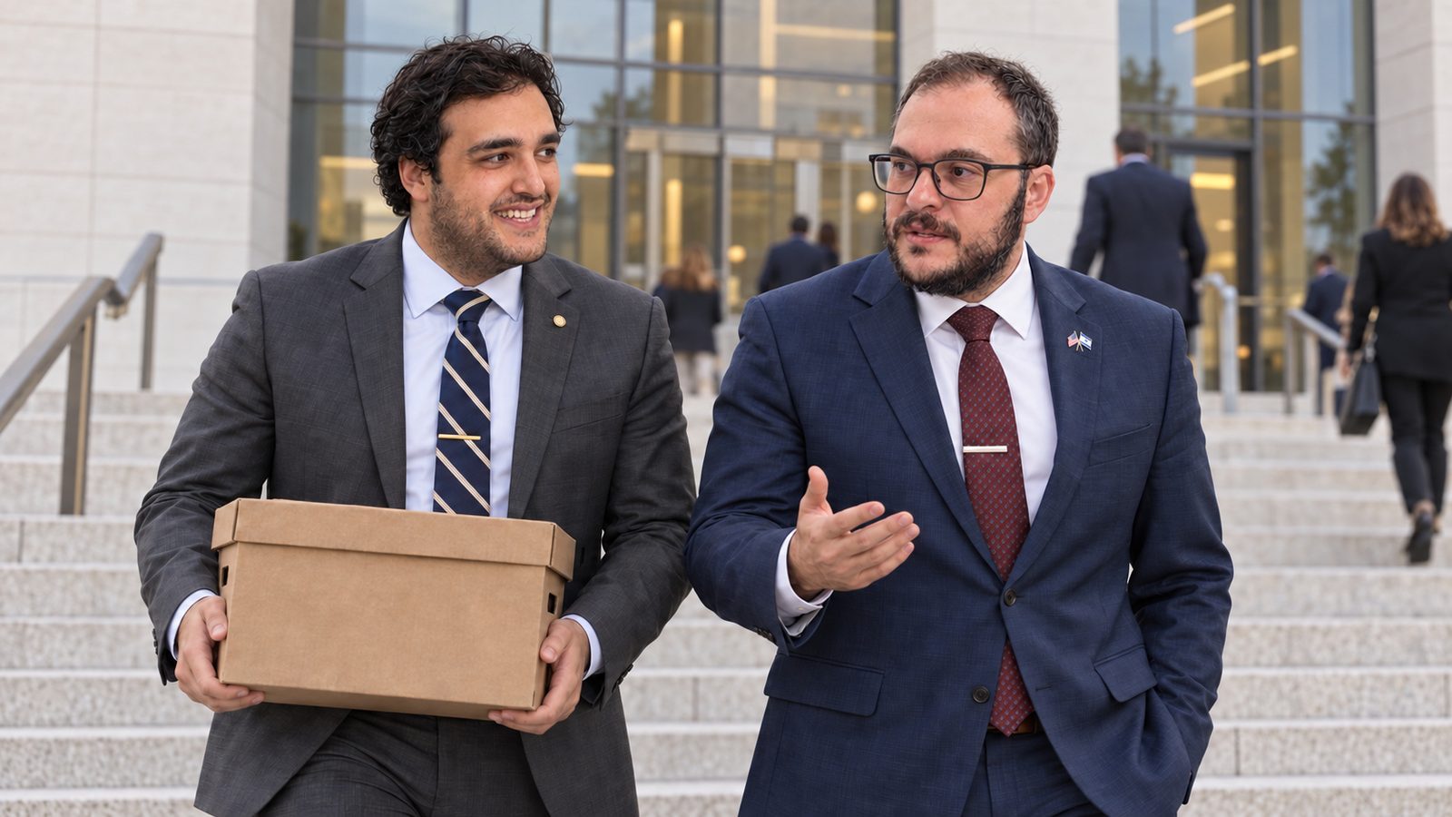 Alexander Susi carrying a box of case files beside Mikhail Usher on federal courthouse steps