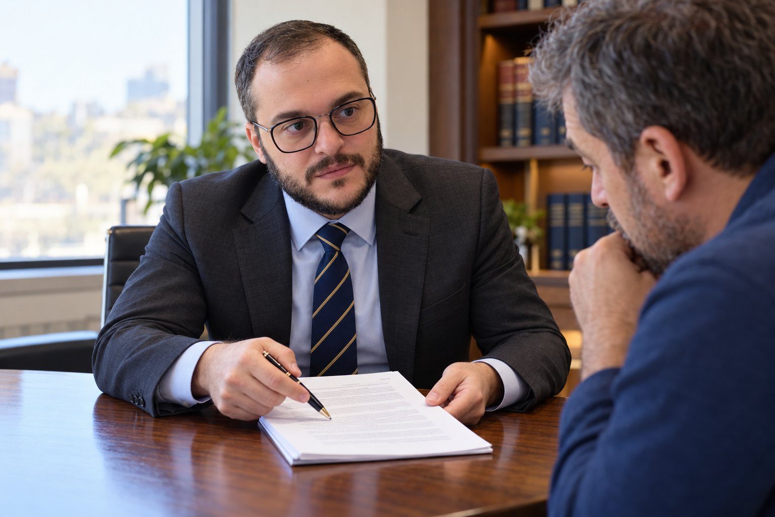 Mikhail Usher reviewing a written declaration with a client